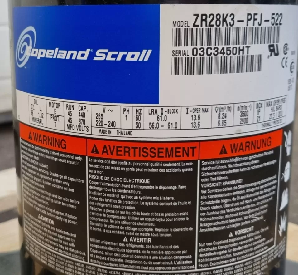 2.5HP ZR28K3-PFJ-522 Copeland Scroll Compressor